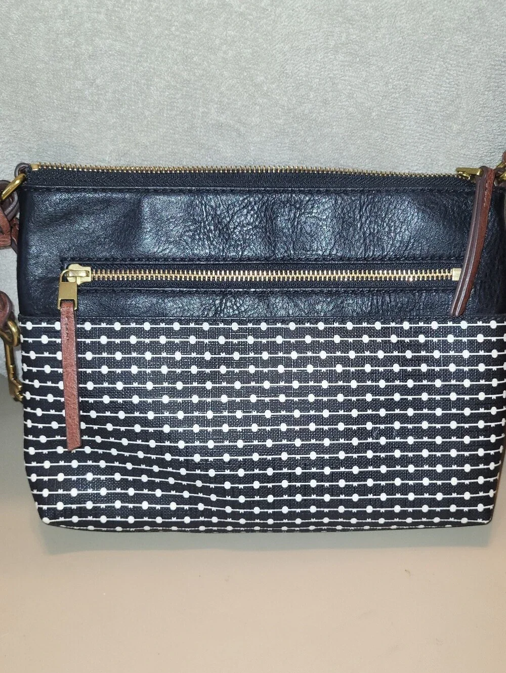 Fossil Black & White Patterned Crossbody with Brown Strap.